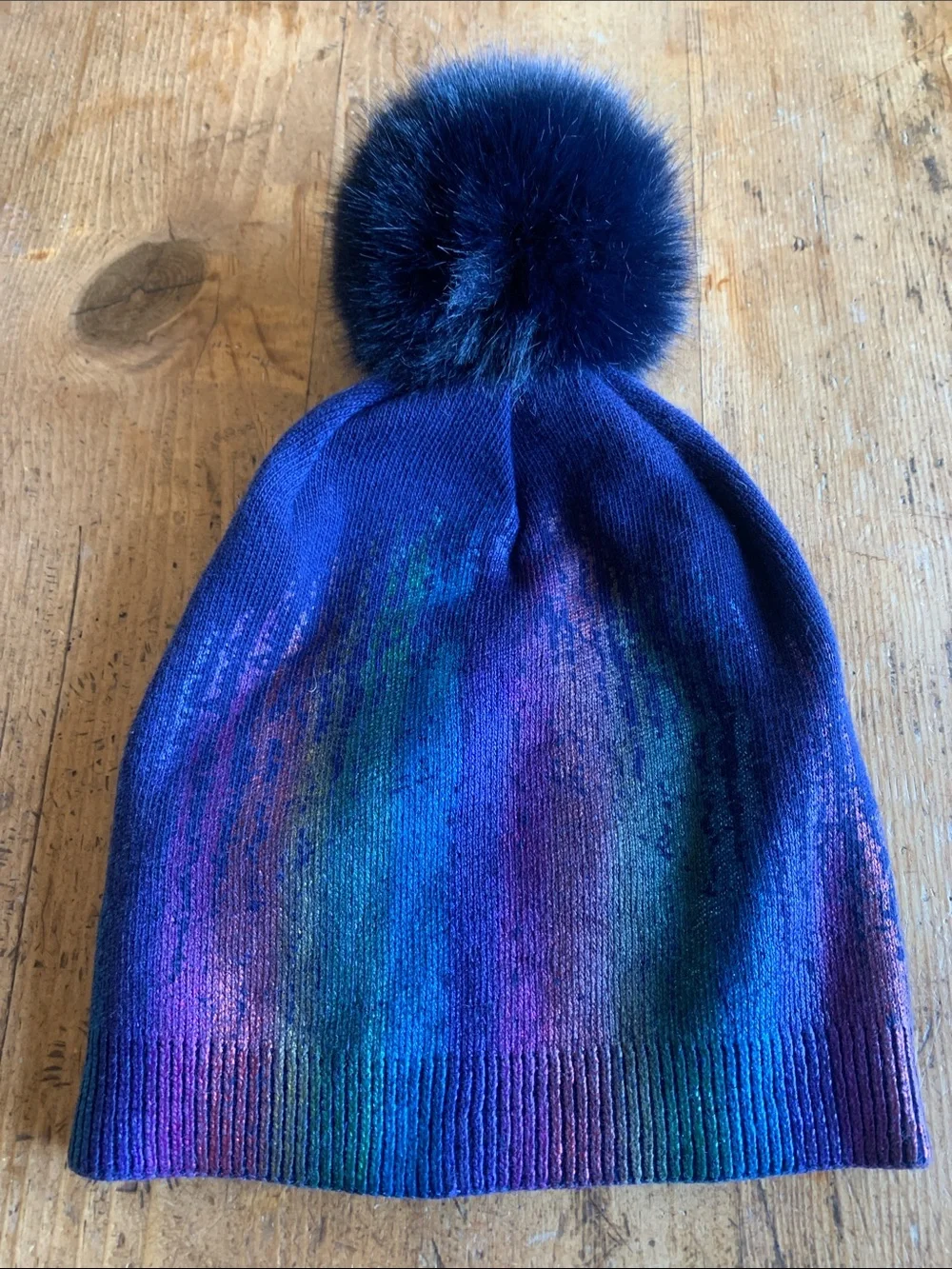 Adrienne Landau Womens Iridescent Navy Beanie with Pom